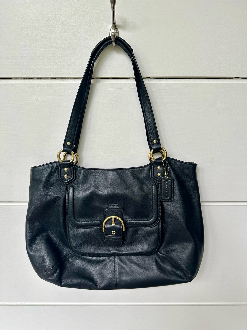 Coach Black Leather Shoulder Bag with Gold-Tone Hardware